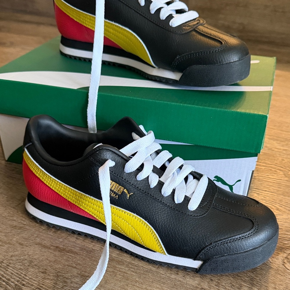 Puma Black Leather Sneakers with Yellow and Red Stripes